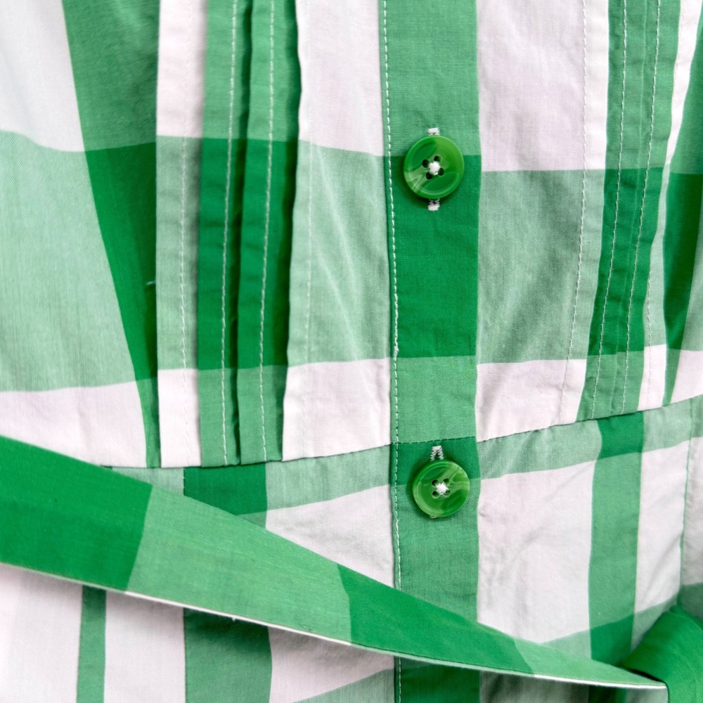 Boden Shirt Dress Womens 8 Green Gingham Pintuck Pleated Belted Cotton Preppy - Picture 4 of 11